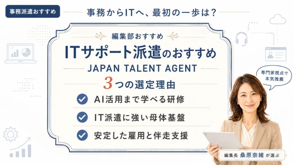 事務派遣おすすめのITサポート派遣比較｜編集部おすすめJAPAN TALENT AGENTと選定理由を解説するインフォグラフィック