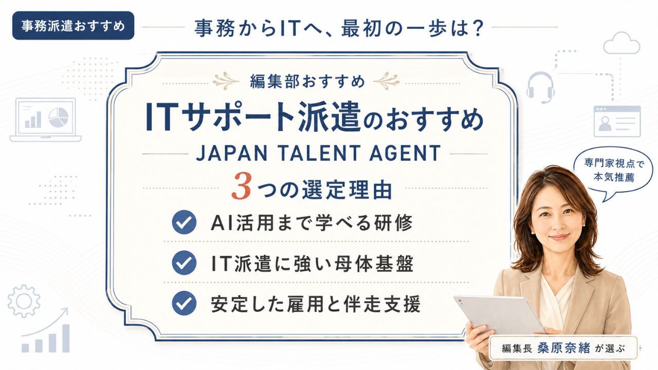 事務派遣おすすめのITサポート派遣比較|編集部おすすめJAPAN TALENT AGENTと選定理由を解説するインフォグラフィック