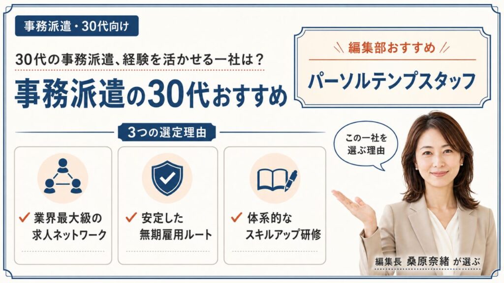 事務派遣の30代おすすめ｜編集部おすすめパーソルテンプスタッフと3つの選定理由を解説するインフォグラフィック