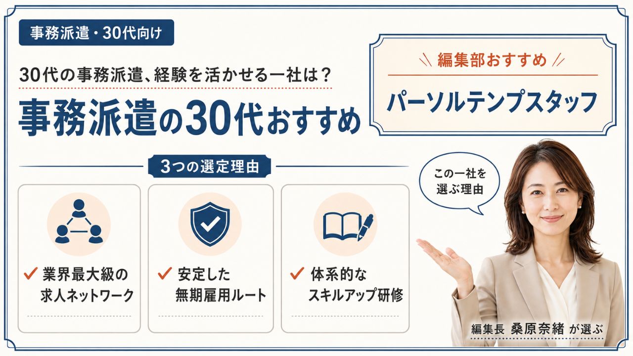 事務派遣の30代おすすめ|編集部おすすめパーソルテンプスタッフと3つの選定理由を解説するインフォグラフィック