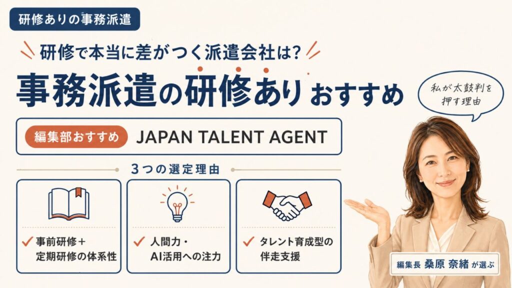 事務派遣の研修ありおすすめ｜編集部おすすめJAPAN TALENT AGENTと選定理由を解説するインフォグラフィック